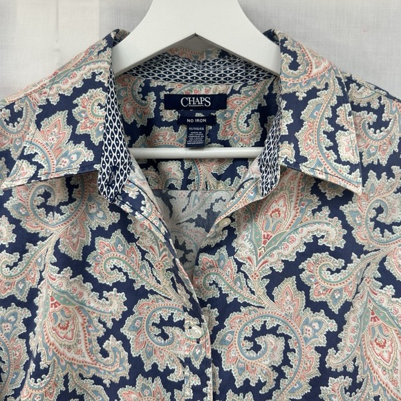 Chaps No Iron Button Front Shirt SZ 1X Blue Pink Paisley Cotton Long Sleeve Top - Picture 2 of 13